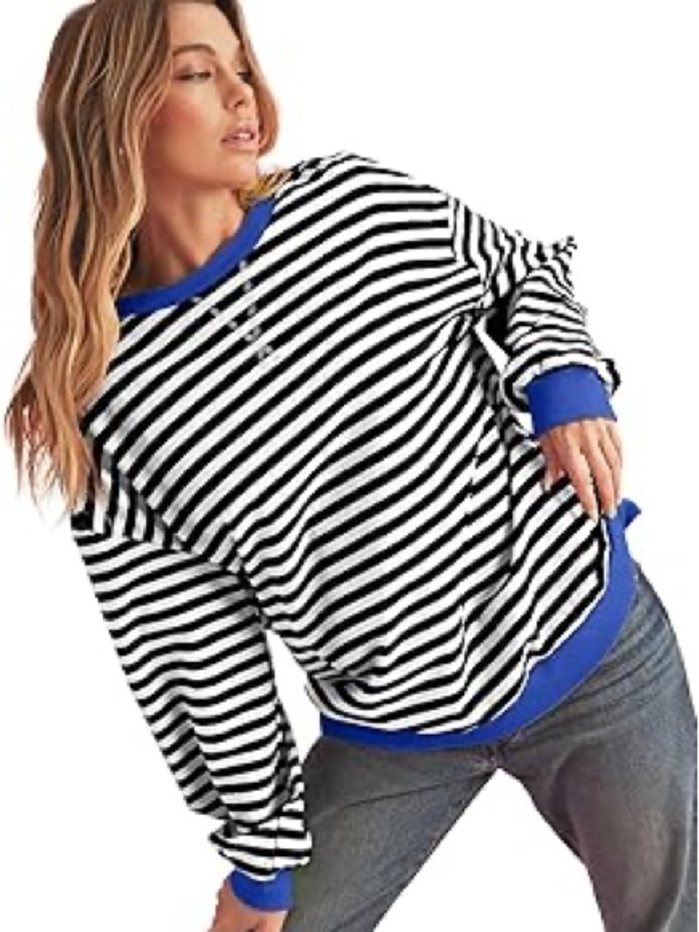 Women’s Striped Black & White Sweatshirt with Royal Blue Trim XL